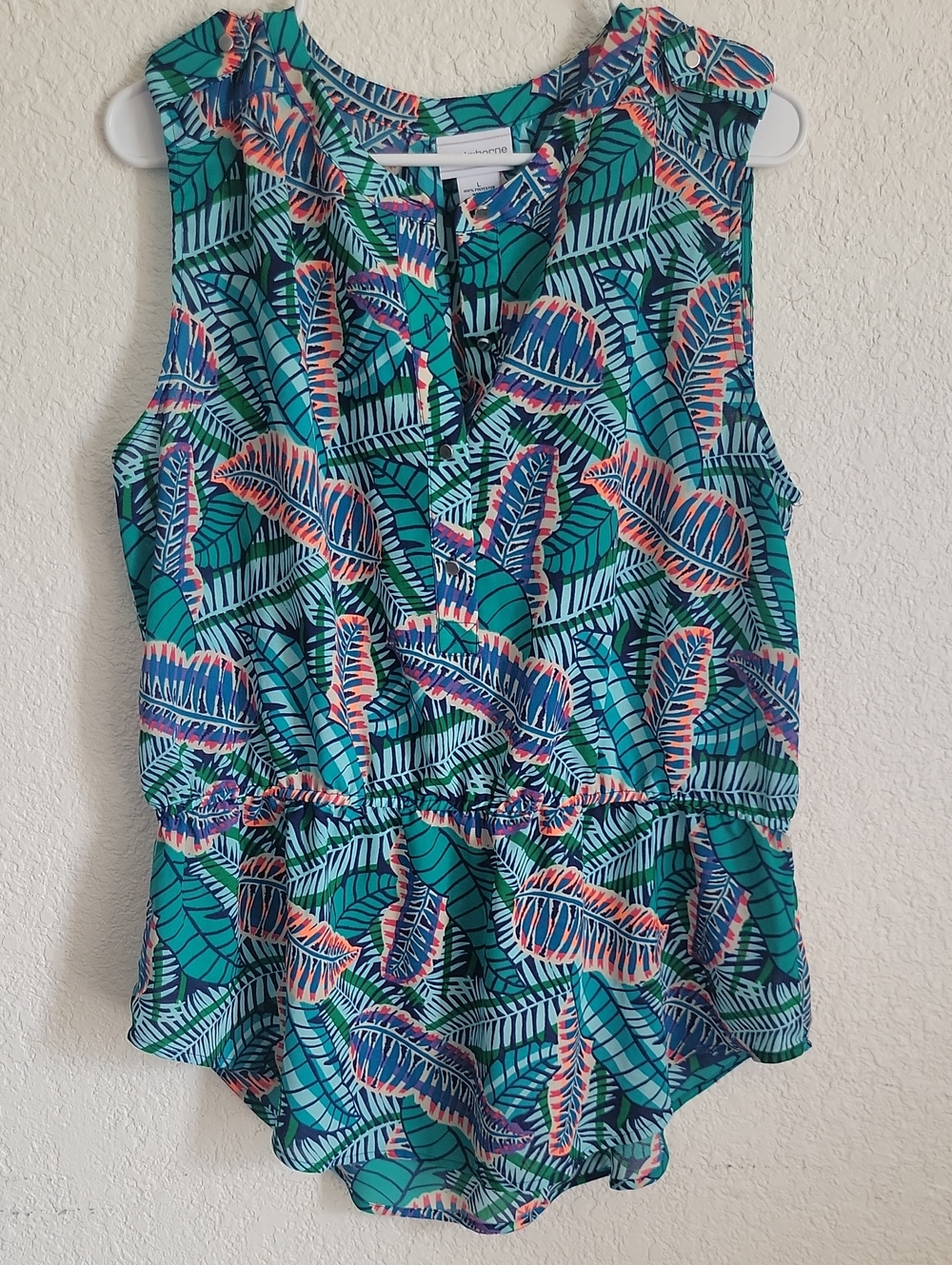 Liz Claiborne Teal, Navy & Coral Tropical Print Sleeveless Peplum Tank